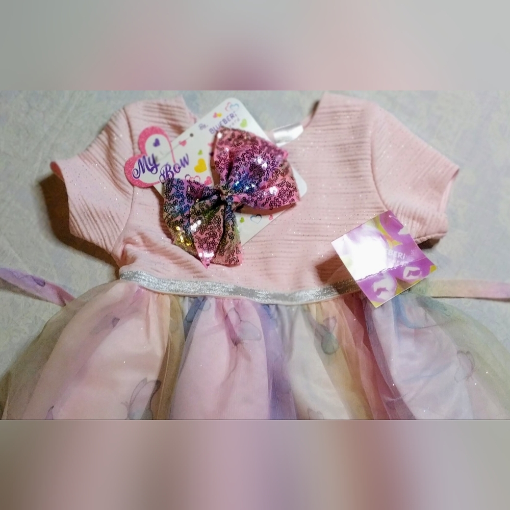 Blueberi Boulevard Girl's size 6 rainbowunicorn party dress with sequin hair bow